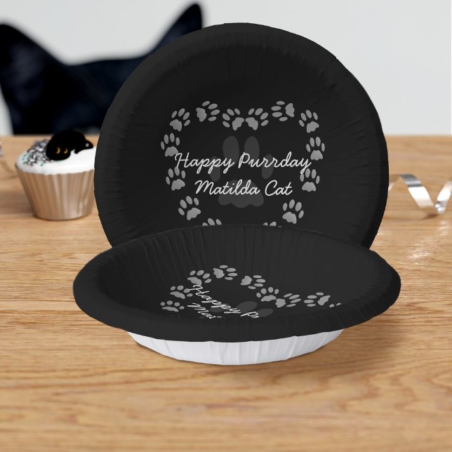 Black Cat Birthday Paw Print Heart Paper Bowls Plate (Purrfect paper bowl for your purrday party. Just add your name)