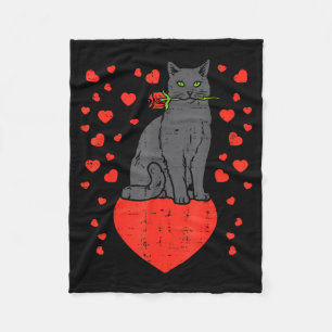 Black Cat Biting Rose Hearts Valentines Day Animal Fleece Blanket