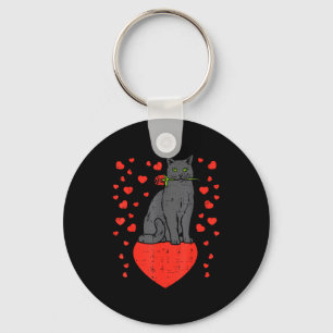 Black Cat Biting Rose Hearts Valentines Day Animal Key Ring