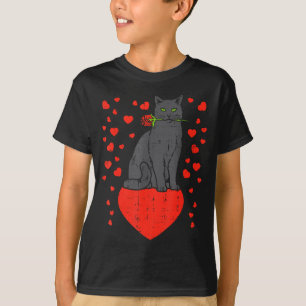 Black Cat Biting Rose Hearts Valentines Day Animal T-Shirt