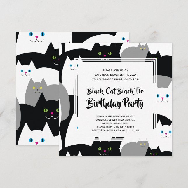 Black Cat Black Tie Funny Birthday Party Invites (Front/Back)