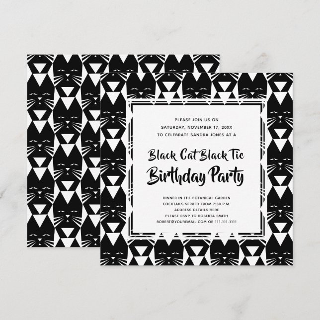 Black Cat Black Tie Funny Birthday Party Invites (Front/Back)