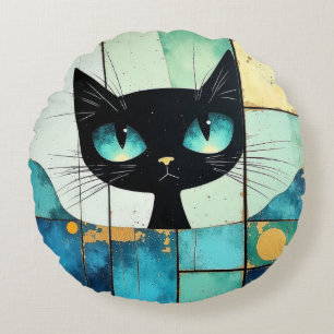 Black Cat Block art Round Cushion