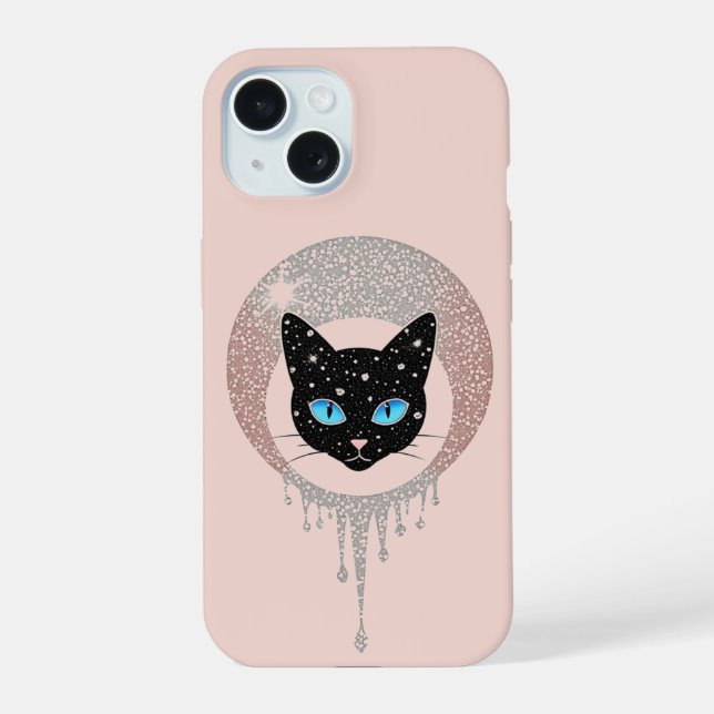 Black Cat Blue Eyes Minimal Gothic Portrait iPhone 15 Case (Back)