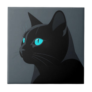 Black Cat Blue Eyes Portrait Tile