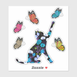 Black cat blue flowers and colourful butterflies