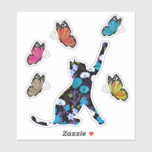 Black cat blue flowers and colourful butterflies