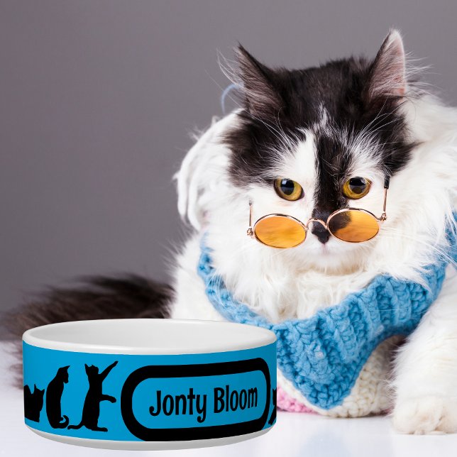 Black Cat Blue Silhouette Pattern With Cat Name Bo Bowl (Creator Uploaded)
