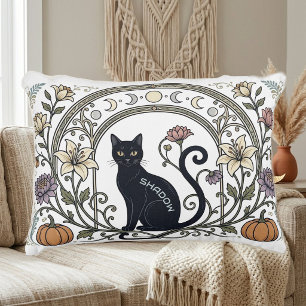 Black Cat Boho Botanical Vintage Moon Phase Wreath Decorative Cushion