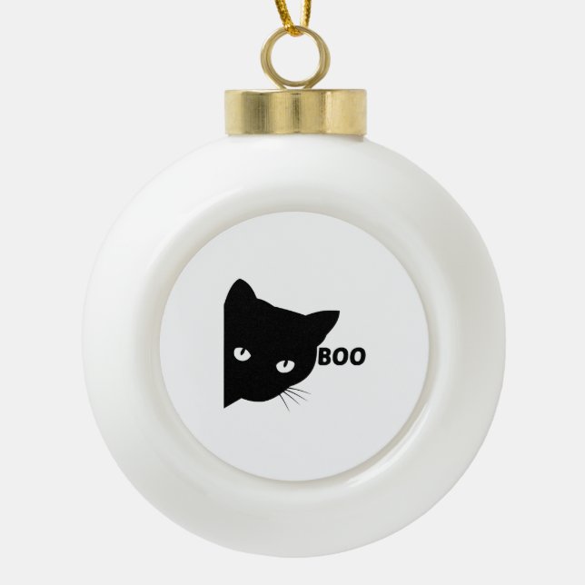 Black cat boo Halloween gift cats Ceramic Ball Christmas Ornament (Front)