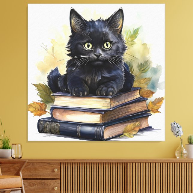 Black Cat Book Stack Canvas Print (Insitu(LivingRoom))
