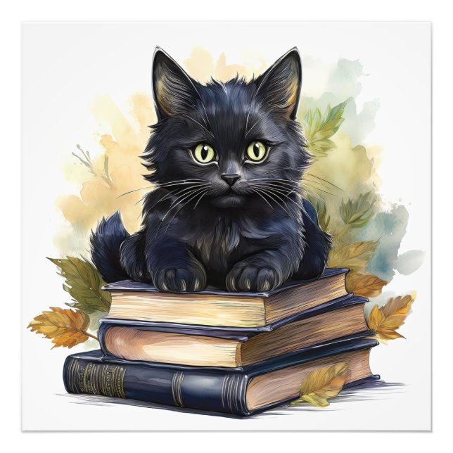 Black Cat Book Stack Photo Print (Front)