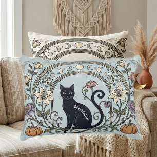 Black Cat Botanical Art Pastel Green Moon Crescent Decorative Cushion
