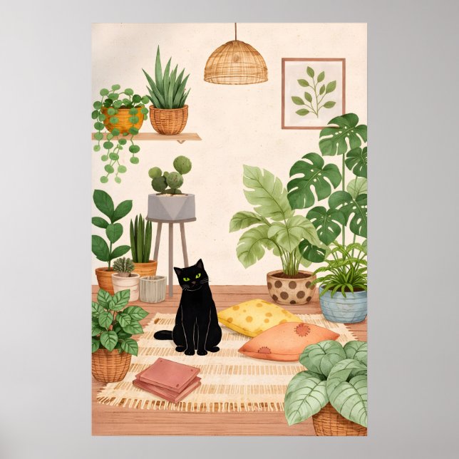 Black Cat Botanical Print, Cosy Boho Plant Wall Poster (Front)