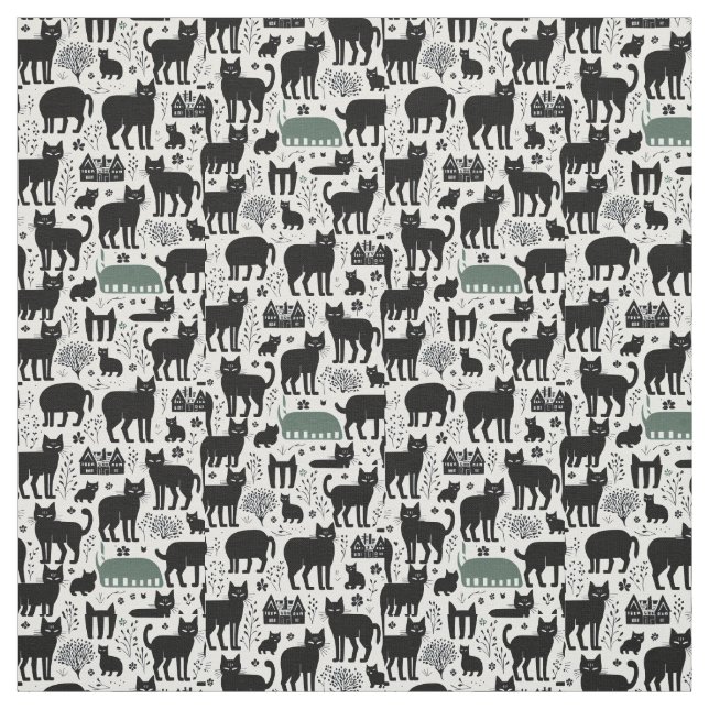 Black cat botanical white pattern modern boho  fabric (Swatch)