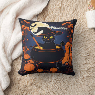 Black cat brewing potions under a Halloween moon Cushion