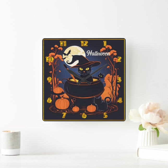 Black cat brewing potions under a Halloween moon Square Wall Clock (Home)