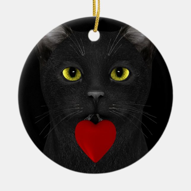 Black Cat Bringing A Present Ceramic Tree Decoration (Front)