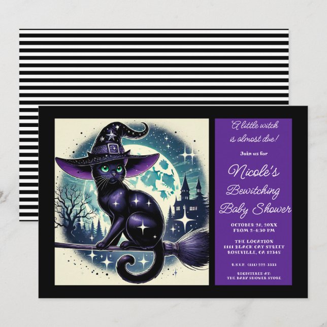 Black Cat Broom Witch Magic Halloween Baby Shower Invitation (Front/Back)