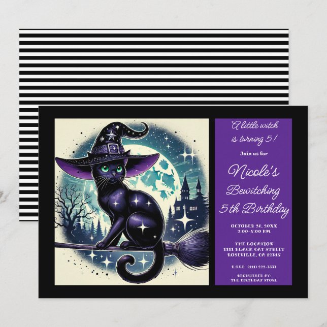 Black Cat Broom Witch Magic Halloween Birthday Invitation (Front/Back)