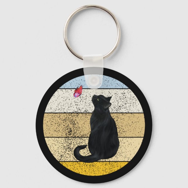 Black Cat Butterfly Retro Sunset Key Ring (Front)