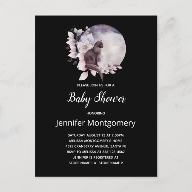 Black Cat by a Magical Full Moon Baby Shower Invitation Postcard (Front)