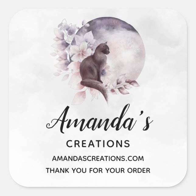 Black Cat by a Magical Full Moon Business Square Sticker (Front)