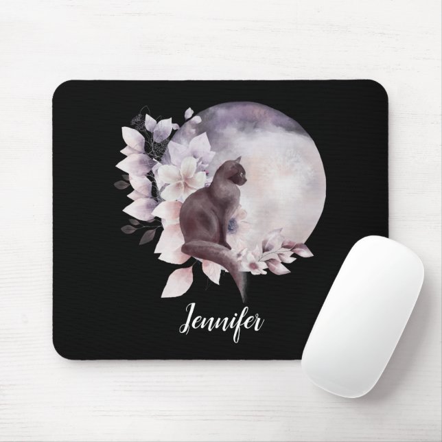 Black Cat by a Magical Full Moon Mouse Mat (With Mouse)