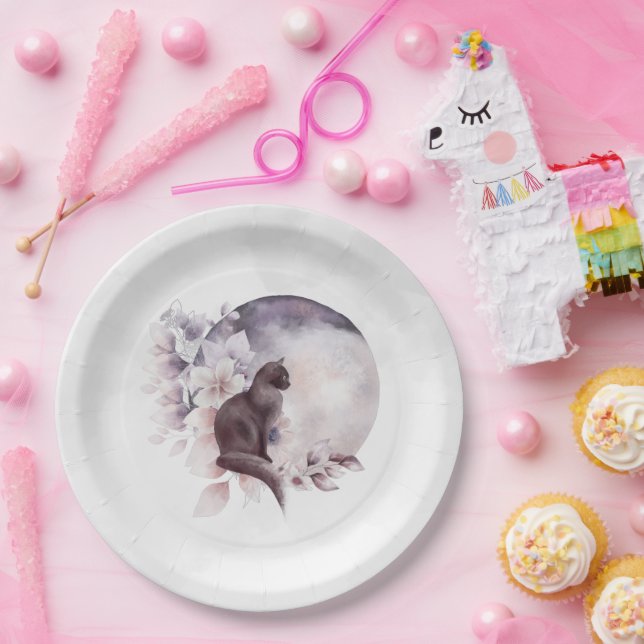 Black Cat by a Magical Full Moon  Paper Plate (Party)