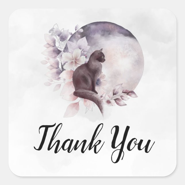 Black Cat by a Magical Full Moon Thank You Square Sticker (Front)