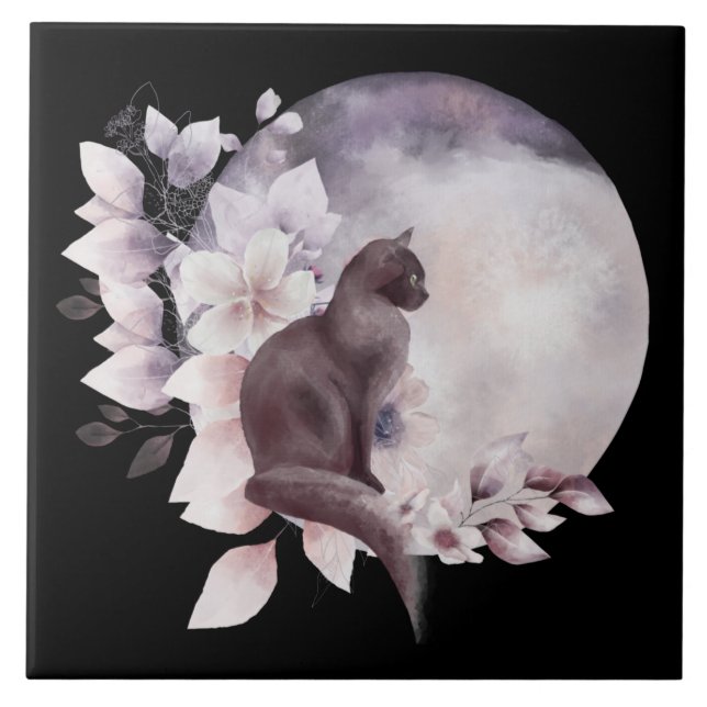 Black Cat by a Magical Full Moon Tile (Front)