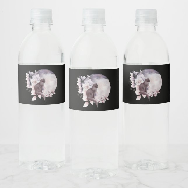 Black Cat by a Magical Full Moon Water Bottle Label (Bottles)