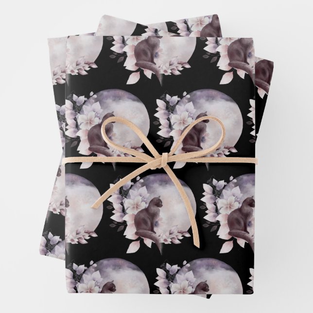 Black Cat by a Magical Full Moon Wrapping Paper Sheet (In situ)
