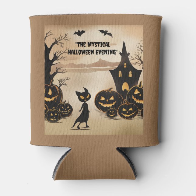 Black cat by the Haunted Manor Can Cooler (Front)