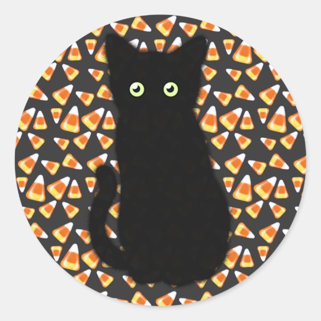 Black cat, Candy corn pattern, Halloween fun   Classic Round Sticker (Front)