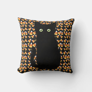 Black cat, Candy corn pattern, Halloween fun  Cushion