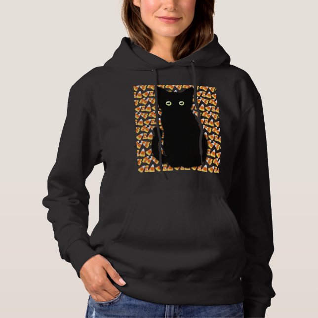 Black cat, Candy corn pattern, Halloween fun Hoodie (Front)