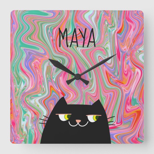 Black Cat Cartoon Face , Liquid Art , Pink Square Wall Clock (Front)