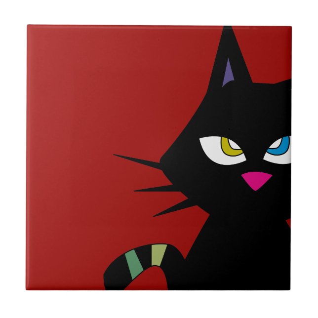 Black Cat Cartoon on Red Tile (Front)