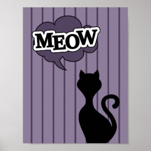 Black cat cartoon purple speech bubble meow poster