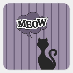 Black cat cartoon says meow square sticker