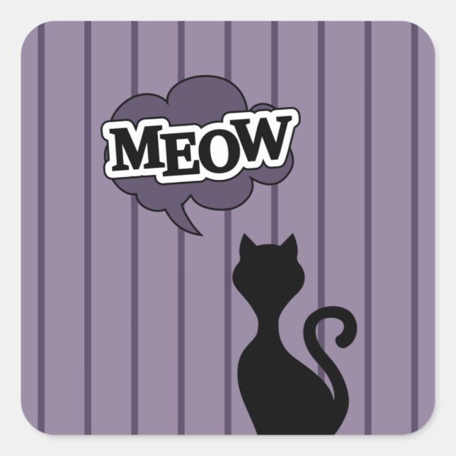 Black cat cartoon says meow square sticker (Front)