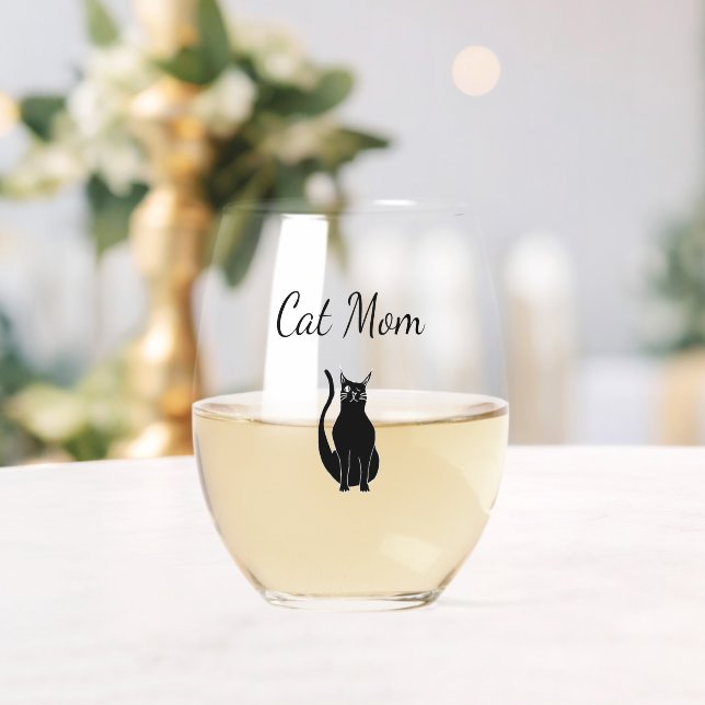 Black Cat Cartoon Winking Kitty Mother's Day Stemless Wine Glass (Insitu (Wedding))