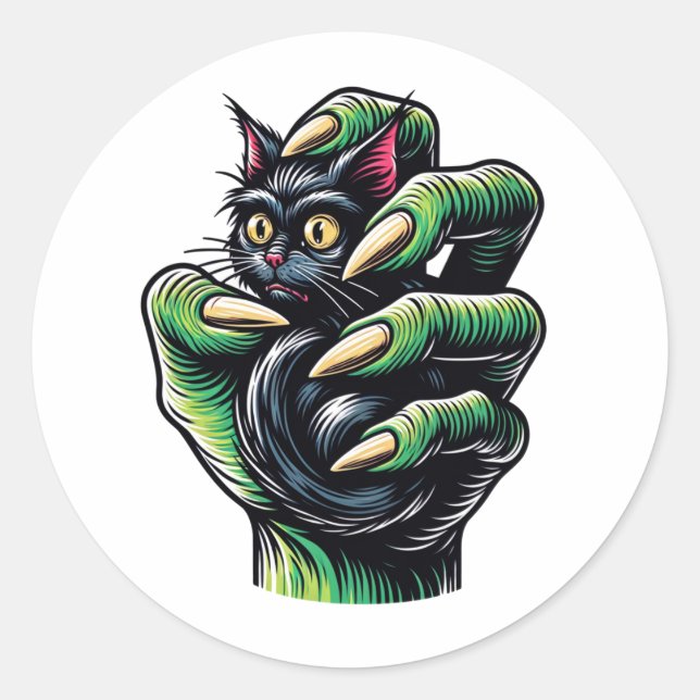 Black Cat Caught by Witchy Hand Classic Round Sticker (Front)