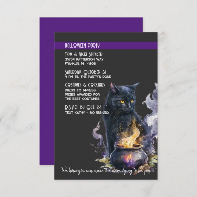 Black Cat Cauldron Halloween Costume Party Invitation (Front/Back)