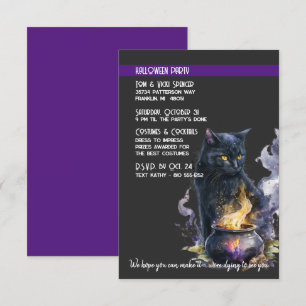 Black Cat Cauldron Halloween Costume Party Invitation