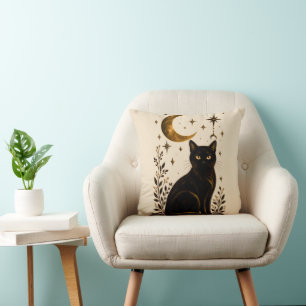Black Cat Celestial Moon Gothic Botanical Cushion