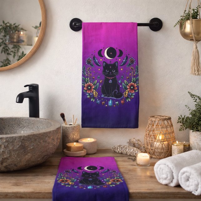Black Cat Celestial Mystical Purple Pink Bath Towel Set (Creator Uploaded)