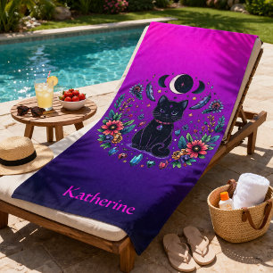 Black Cat Celestial Mystical Purple Pink Beach Towel
