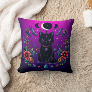 Black Cat Celestial Mystical Purple Pink Cushion